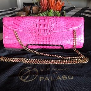 Palaso Hot Pink Crocodile Clutch w/Gold Chain